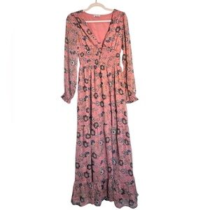 Patrons of‎ Peace Pastel Pink Floral Boho Smocked Long Sleeves Maxi Dress Medium